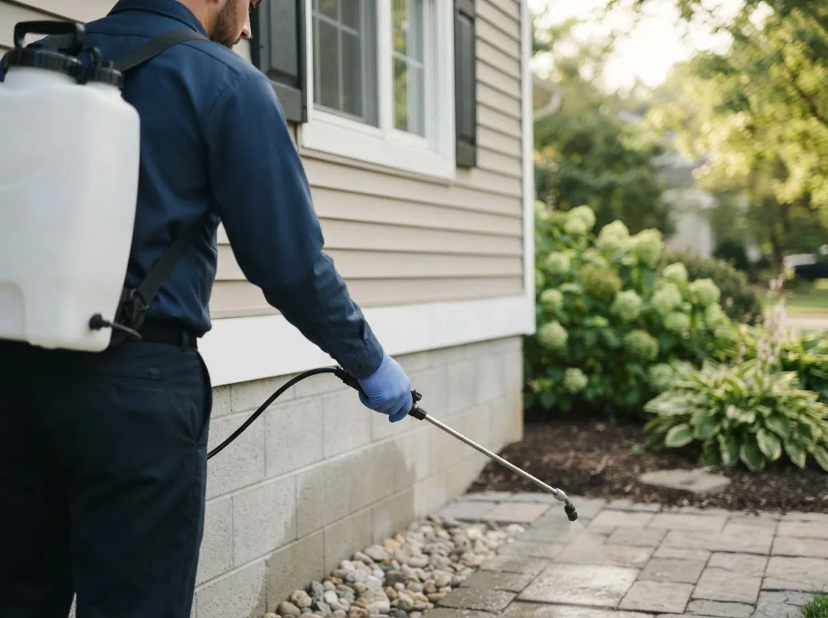 Pest control technician inspecting a home in Porterville, MS